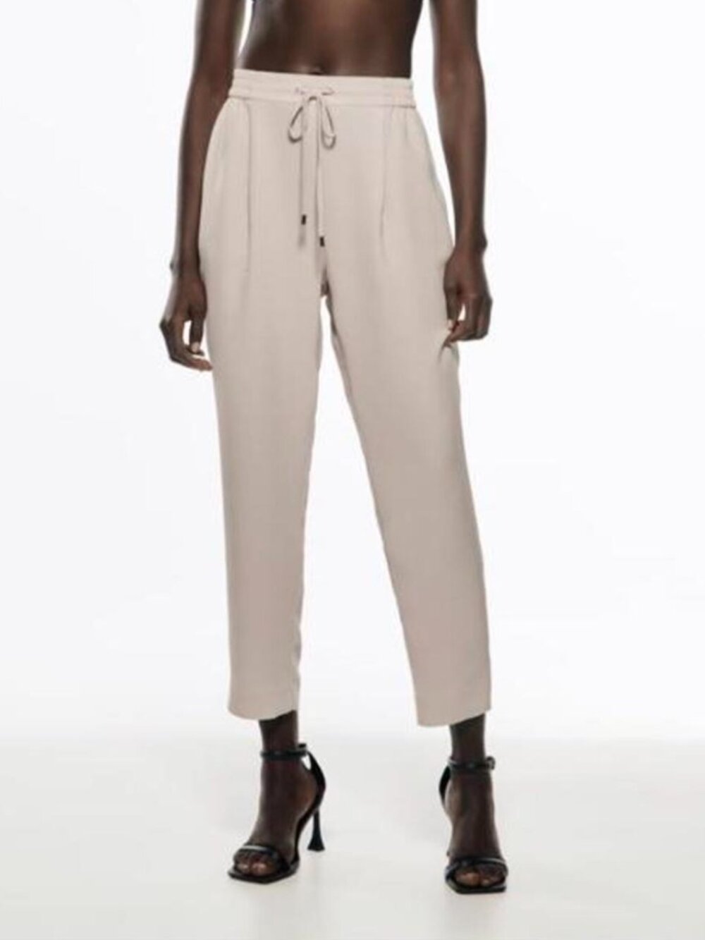 Zara Cream Drawstring Waist Trousers Business Casual Neutral Pull On Pants Med